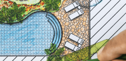Drawing of backyard concept with swimming pool and modern landscaping